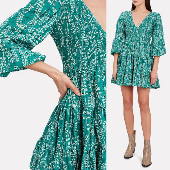 Rixo Sasha Floral Mini Dress Green Cotton Eyelet Broderie Anglaise Small Preown - Picture 2 of 13